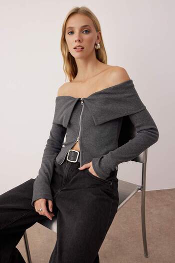 Trendyol Collection Anthracite Melange Fitted/Fitted Zipper Neck Detail Ribbed Stretch Knitted Blouse Twoaw26Bz00160