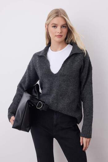 Trendyol Collection Anthracite Soft Texture V-Neck Wide Fit Knitwear Sweater Twoaw26Kz00220