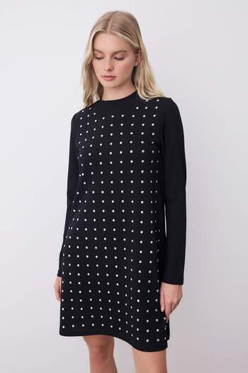 Trendyol Collection Black Stone Detailed Long Sleeve Mini Stretchy Knitted Dress Twoaw26El00208