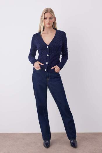 Trendyol Collection Navy Blue Button Detailed Soft Textured V-Neck Hair Knit Knitwear Cardigan Twoaw26Hi00014