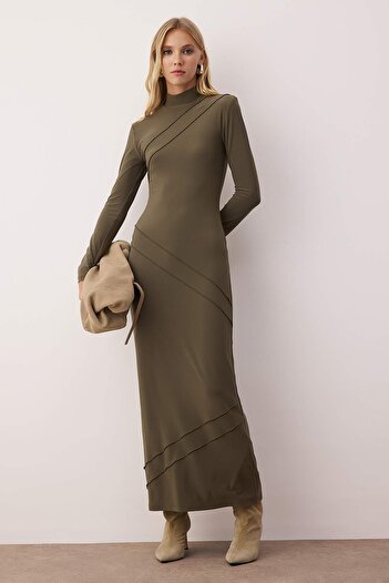 Trendyol Collection Khaki Straight Karyoka Stitching Maxi Knitted Dress Twoaw26El00204