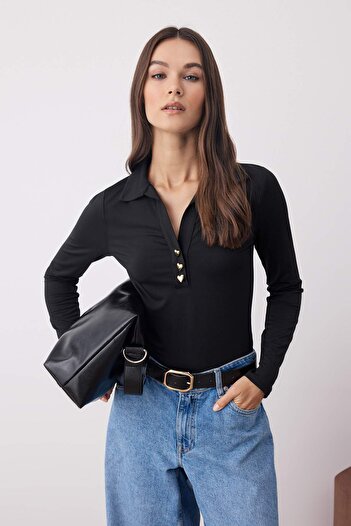 Trendyol Collection Black Fitted/Slim Fit Polo Neck Button-Down Snap Stretch Knitted Bodysuit Twoaw26Bd00009