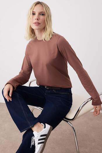 Trendyol Collection Καφέ 100% βαμβακερό μακρυμάνικο μπλουζάκι με λαιμόκοψη κανονικό/κανονικό πλεκτό μπλουζάκι TWOAW21TS0098