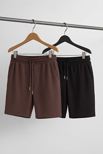 Trendyol Collection Black-Brown 2-Piece Regular/Regular Cut Textured Packaged Shorts&Bermuda Tmnss23Sr00076