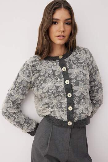 Trendyol Collection Anthracite Lace Garnished Soft Textured Knitwear Cardigan Twoaw26Hi00024