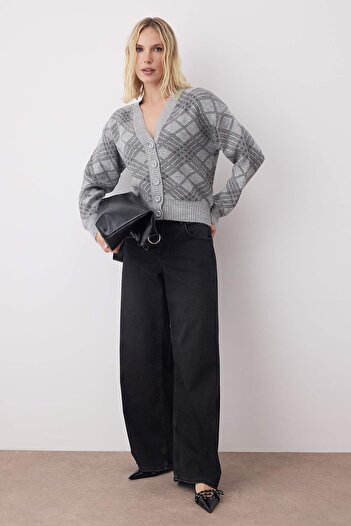 Trendyol Collection Gray Soft Textured Argyle Pattern V-Neck Knitwear Cardigan Twoaw26Hi00229