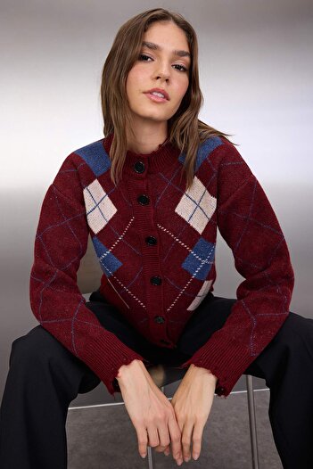 Trendyol Collection Plum Soft Textured Argyle/ Plaid Pattern Knitwear Cardigan Twoaw26Hi00253
