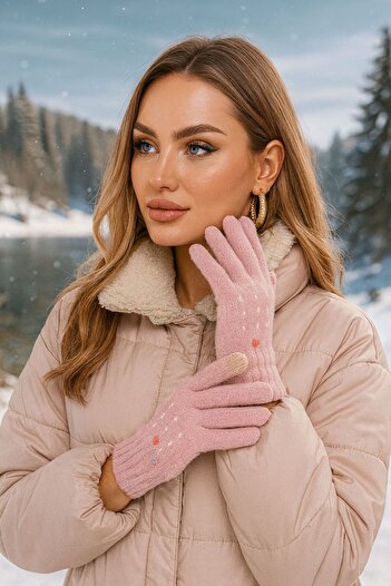 Axesoire 14703 Love Embroidered Touch Double Layer Pink Gloves