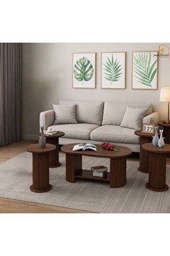 Al Saada Home طقم طاولة قهوة خشبية ٤+١ - بني