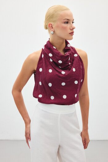 Sateen Sleeveless Polka Dot Patterned Blouse - Claret Red
