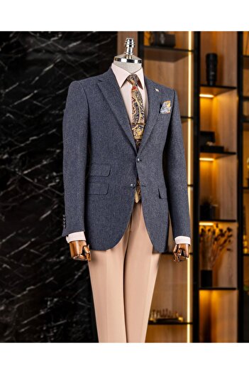 TerziAdemAltun Італійський стиль slim fit моно комір чоловічий однобортний піджак темно-синій T13349