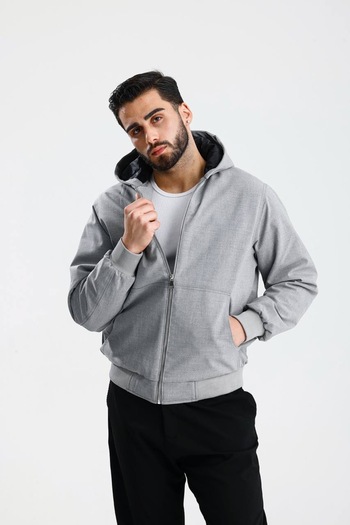 İLKCET MODA Hooded Gray Gabardine Oversize Bomber Jacket