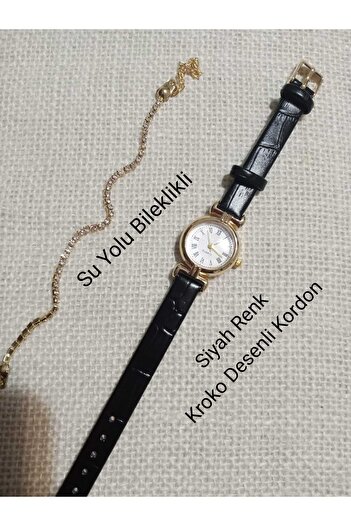 QUARTZ Minimal Model Vintage Retro Women's Wristwatch Black Band Round Gold Case (with Bracelet) 0123