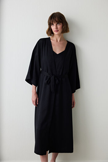 Penti Black Fleur Satin Dressing Gown
