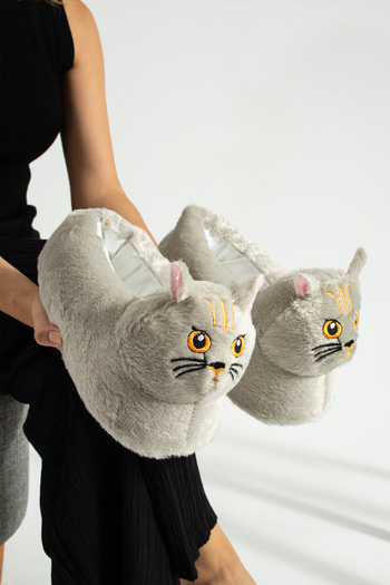 Moda Devrin Μπεζ Animal Silent Sole Slippers Χαριτωμένα βελούδινα παπούτσια για το σπίτι με φιγούρα γάτας