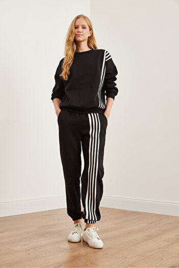 Olalook Black Striped Women's Thick Tracksuit Set - Etkm- 0000071