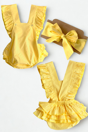 Parla Kids Baby Girl Yellow Cotton Salopet Bandana Set