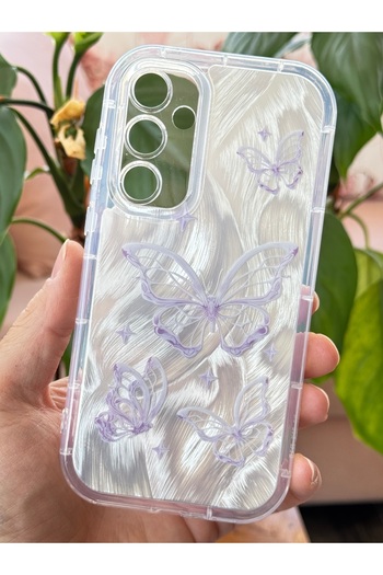 Fibaks Galaxy S23 Fe Case Plug-In Camera Protected Glossy Hologram Butterfly Pattern Shock Absorbing Silicone