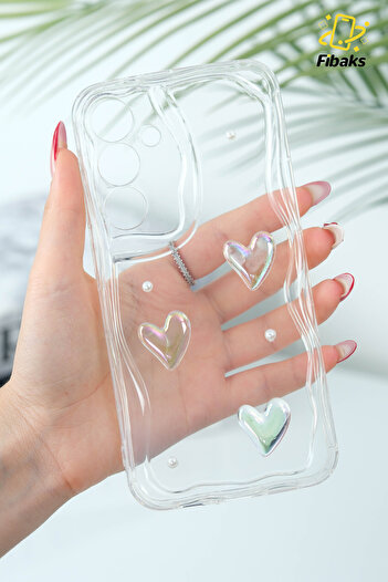 Fibaks Samsung Galaxy S25 Case 3D Heart Pearl Design Patterned Camera Protection Transparent Silicone Cover