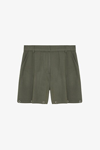 Quzu Front Pleated Mini Shorts with Bird's Eye Accessories Khaki