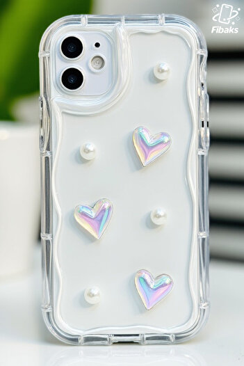 Fibaks iPhone 12 Case Designed Patterned Camera Protection 3D Heart and Pearl Design Transparent Silicone Cover