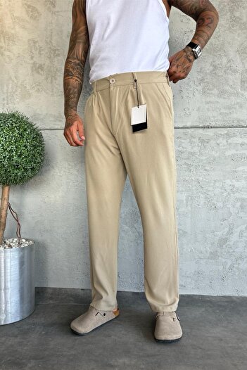 MADZEYMODA Ανδρικό φαρδύ παντελόνι KE-1000 Model - Πλισέ Κρεμ ύφασμα