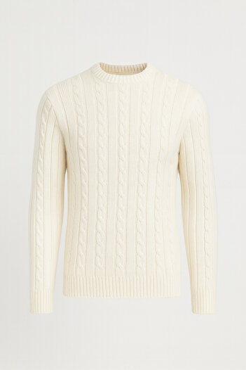 Valiberta Men's Knitwear Sweater - Hair Braided, Crew Neck, Ecru