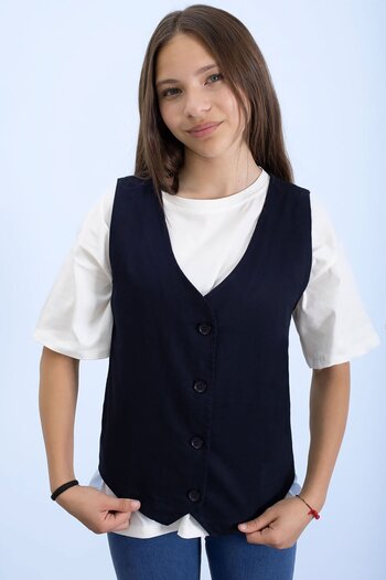 Cansın Mini Navy Blue Linen Buttoned Vest and Oversize T-Shirt Girl's 2-Piece Set 21007