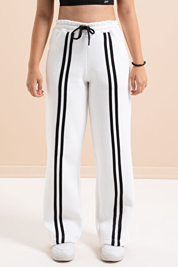 Cansın Mini White Wide Leg Raised Girl's Basic Sweatpants with Stripes on the Front 21277