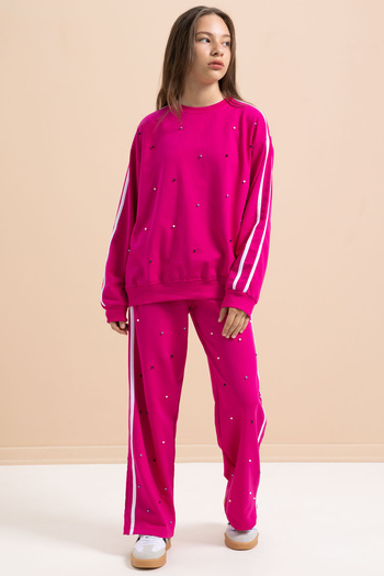 Cansın Mini Fuchsia Pearl Embroidered Crew Neck Girls Striped Tracksuit Set 21292