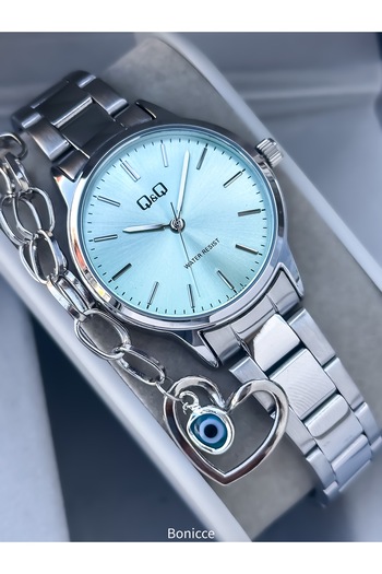 Q&Q Brand Silver Color Steel Band, White - Lilac Dial, Lover's Watch + Bracelet Rosary