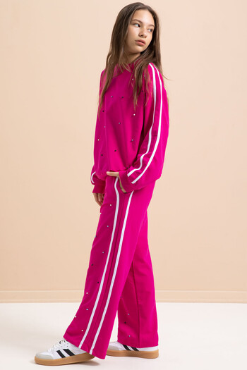 Cansın Mini Fuchsia Pearl Embroidered Crew Neck Girls Striped Tracksuit Set 21292