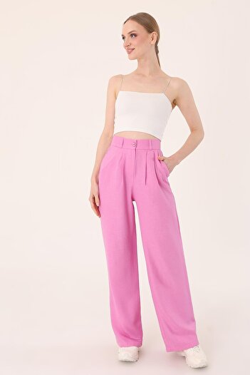 Hazel Women's Pink High Waist Linen Palazzo Pants