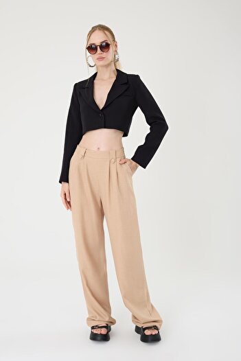 Hazel Women's Mink Linen Buttoned High Waist Palazzo Trousers