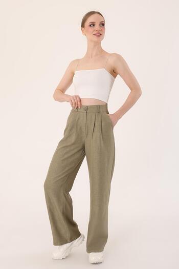 Hazel Women's Khaki High Waist Linen Palazzo Pants