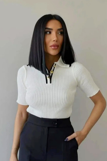 DAMGA Collection Γυναικεία πλεκτή μπλούζα με κοντό μανίκι με χρυσό λαιμό πόλο