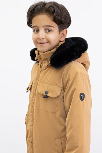 Cansın Mini Hardal Çıtçıtlı Göğüs Cepli İçi Kürklü Erkek Çocuk Kapüşonlu Mont 21351