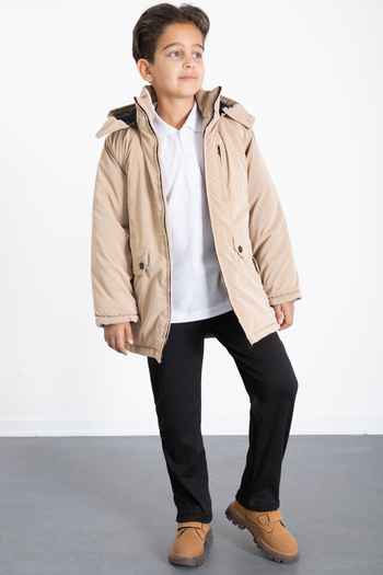 Cansın Mini Cream Zippered Chest Pocketed Boys' Hooded Coat with Fur Inside 21358