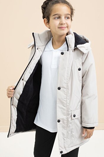 Cansın Mini Cream Fur Inside Snap Pocket Long Cut Boys Hooded down Jacket 21447