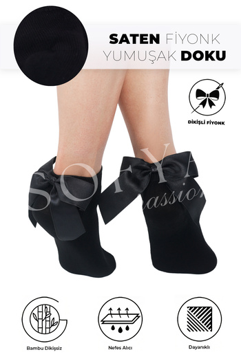 Sofya Passion Black Bow Bamboo Black Socks - Seamless Toe, Soft Black Women's Socks