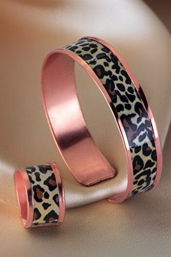 OSMANLI GÜMÜŞ Women's Copper Bracelet Ring Set - Leopard Model Special Edition Metal Box and Quartz Stone
