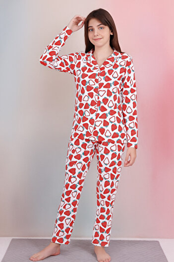 pistyle Girl's Red and White Strawberry Patterned Buttoned Children's Pajama Set