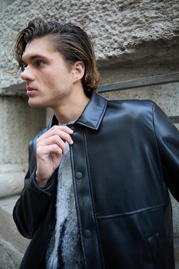 Danger Men's Shirt Collar Leather Black Jacket
