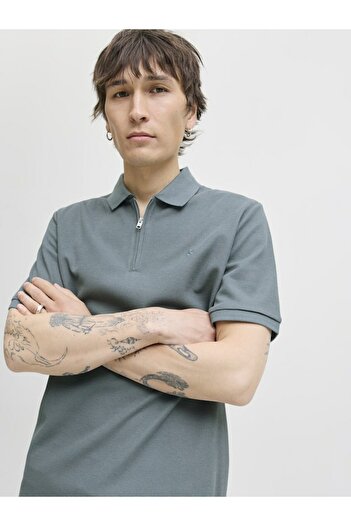 Jack & Jones Ανδρικό μπλουζάκι Green2 Jjeaustin Zip Polo Ss Noos Polo 12279177-Stormywea