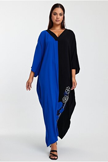 bacc Saks Color Block Embroidered Long Shirt Dress - V-Neck Bcvl-24958
