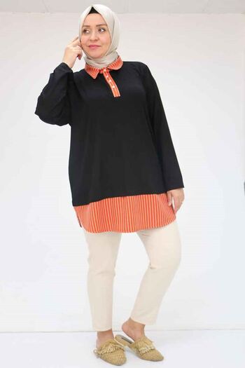 Eslina F-58037 Plus Size Half Placket Garnished Combed Cotton Tunic - Black-Tile