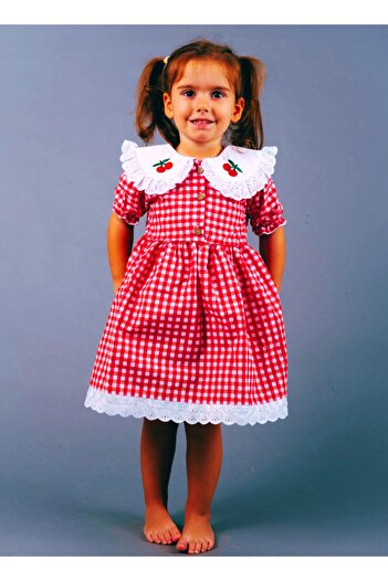 minikiti Red and White Short Sleeve Gingham Dress - Scalloped Skirt, Cherry Embroidery