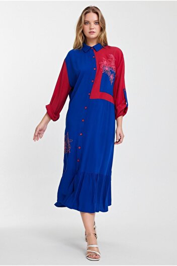 bacc Long Length Saks Colorful Embroidered Woven Shirt Dress - Bcvl-241000