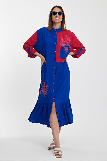 bacc Long Length Saks Colorful Embroidered Woven Shirt Dress - Bcvl-241000