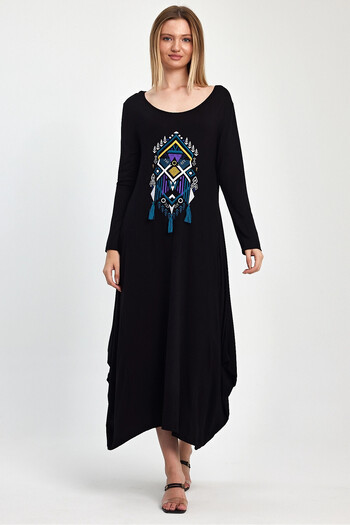 bacc Black Embroidered and Tassel Long Dress - Double Pocket, Long Sleeve, Bcvl-241006